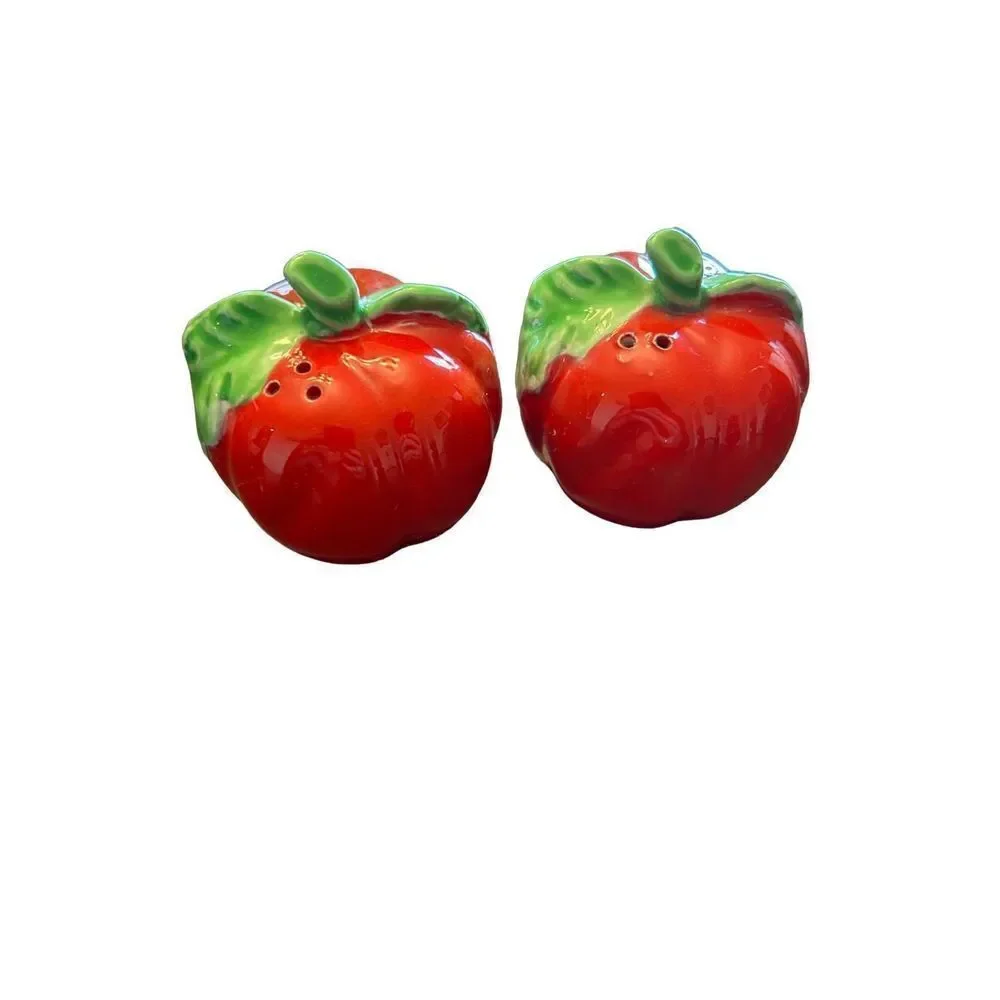 Vintage ceramic red apple salt pepper shakers EUC needs stoppers EH